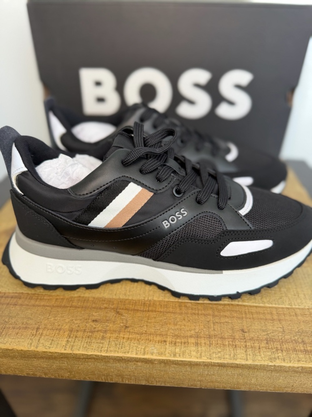 Boss Black Sneakers with White & Tan Accent Stripe